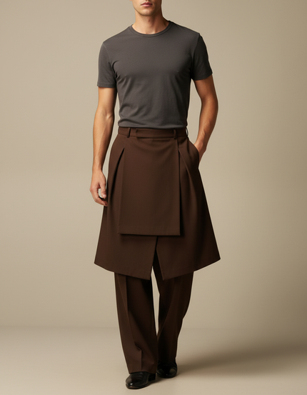 Pantalon Jupe Marron Plissé Superposé Ample Élégant - Polyester