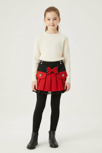 Pantalon Jupe Noir Rouge Plissé Bowknot Dentelle Fille - Molleton