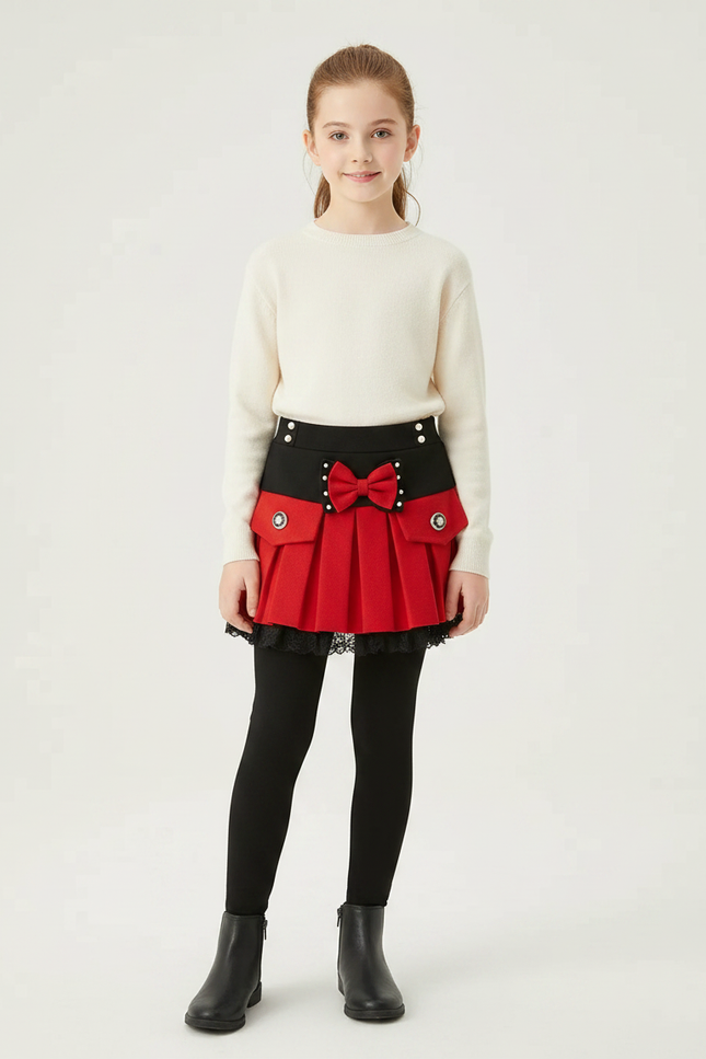 Pantalon Jupe Noir Rouge Plissé Bowknot Dentelle Fille - Molleton