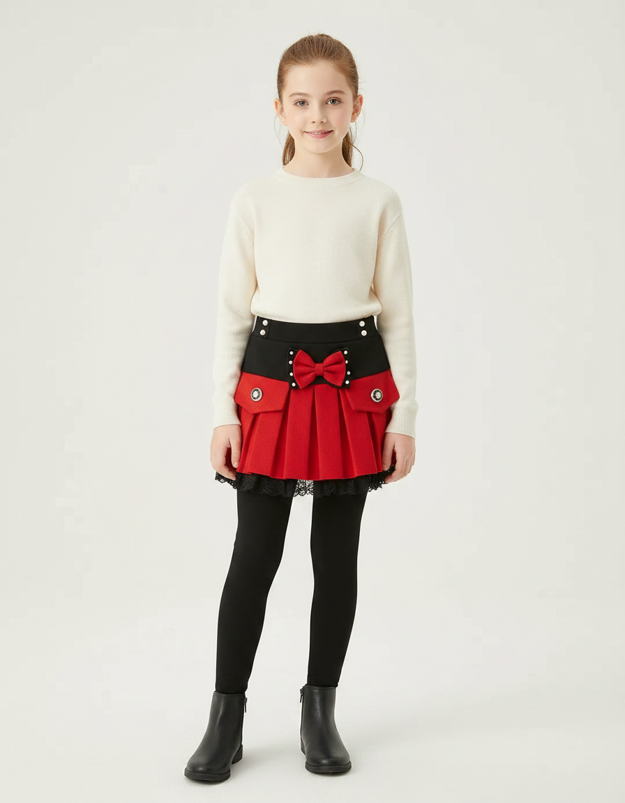 Pantalon Jupe Noir Rouge Plissé Bowknot Dentelle Fille - Molleton