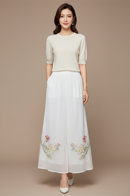 Pantalon Jupe Blanc Chiffon Brodé Floral Fluide Élégant - Polyester