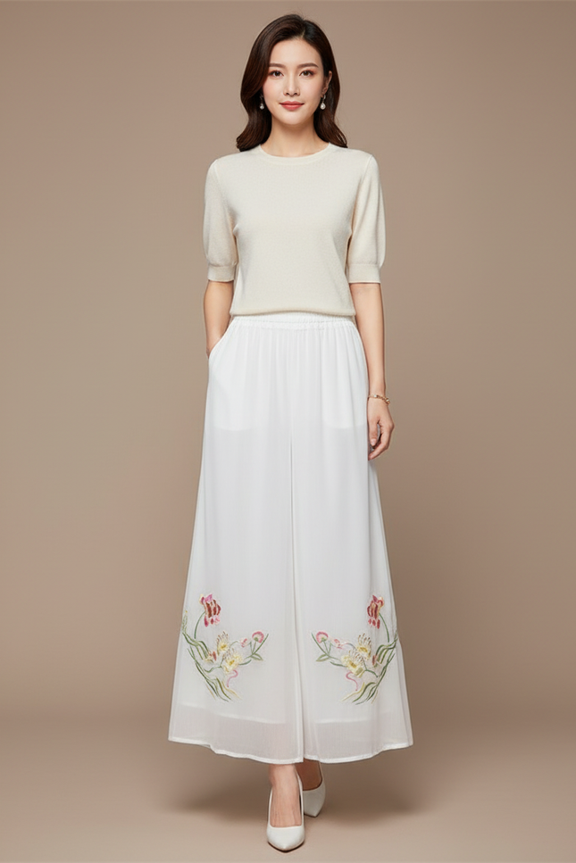 Pantalon Jupe Blanc Chiffon Brodé Floral Fluide Élégant - Polyester