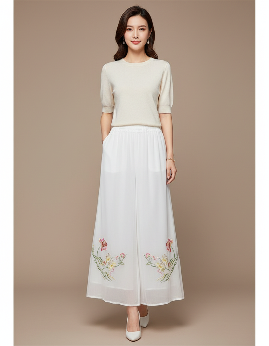 Pantalon Jupe Blanc Chiffon Brodé Floral Fluide Élégant - Polyester