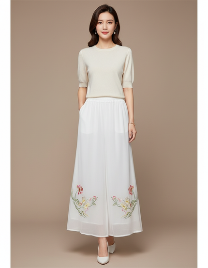 Pantalon Jupe Blanc Chiffon Brodé Floral Fluide Élégant - Polyester