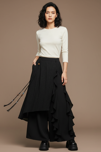 Pantalon Jupe Noir Asymétrique Volants Texturé Fluide - Viscose