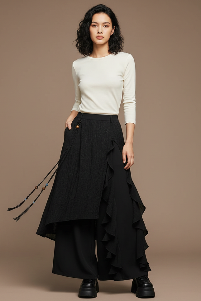Pantalon Jupe Noir Asymétrique Volants Texturé Fluide - Viscose