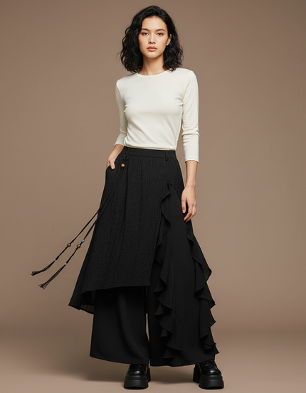 Pantalon Jupe Noir Asymétrique Volants Texturé Fluide - Viscose