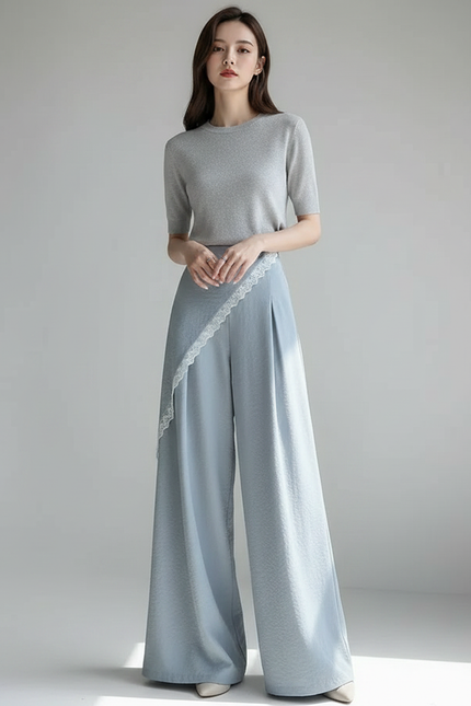 Pantalon Jupe Bleu Ciel Fluide Dentelle Asymétrique Élégant - Viscose