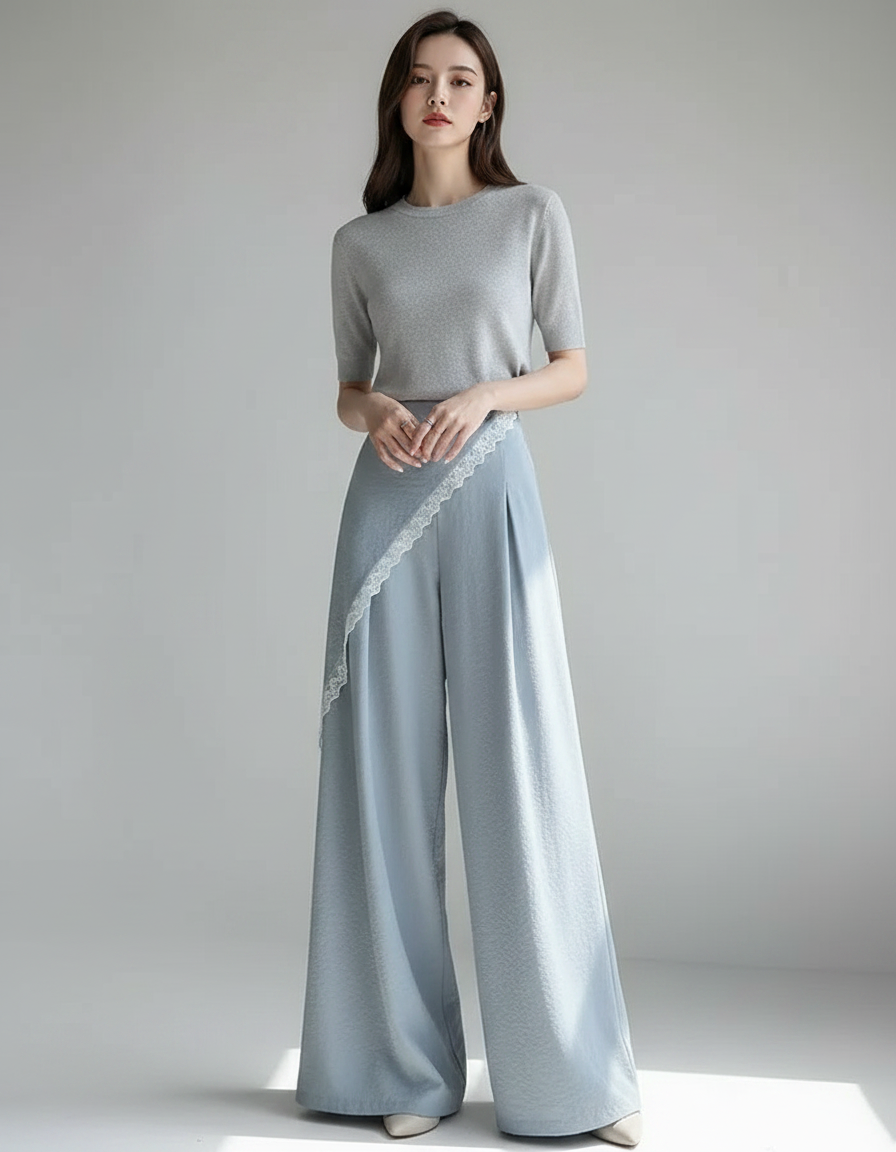 Pantalon Jupe Bleu Ciel Fluide Dentelle Asymétrique Élégant - Viscose