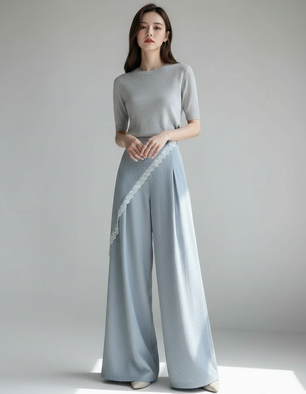 Pantalon Jupe Bleu Ciel Fluide Dentelle Asymétrique Élégant - Viscose