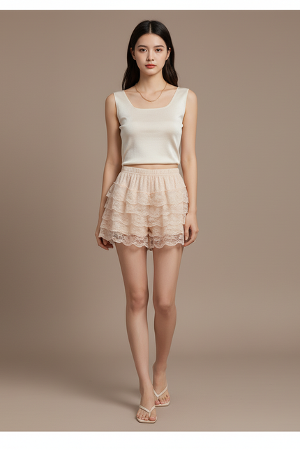 Pantalon Jupe Beige Dentelle Volants Superposés Femme - Polyester