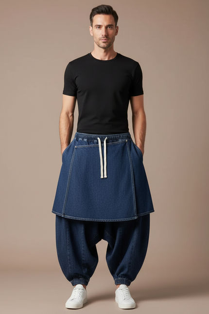 Pantalon Jupe Denim Bleu Ample Superposé Homme - Jean