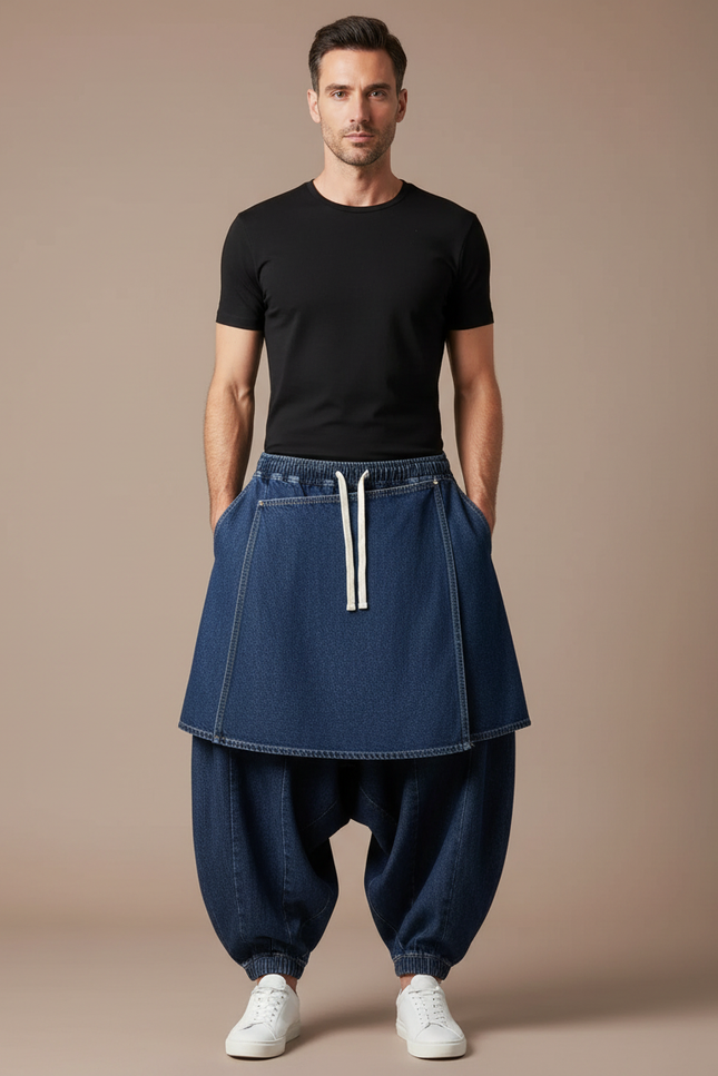 Pantalon Jupe Denim Bleu Ample Superposé Homme - Jean