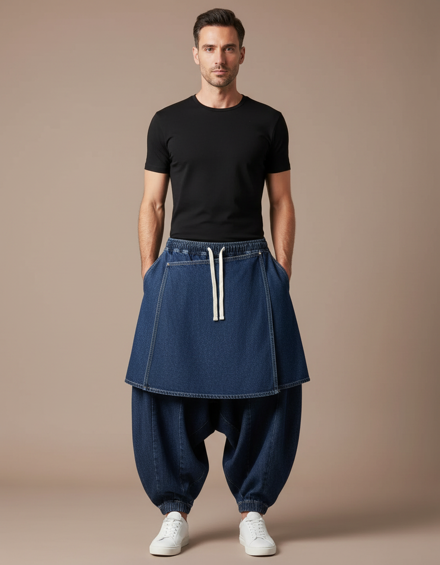Pantalon Jupe Denim Bleu Ample Superposé Homme - Jean