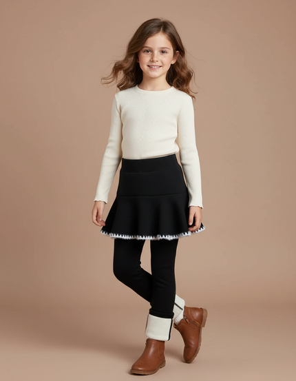 Pantalon Jupe Noir Évasé Chaud Doublé Fille - Molleton