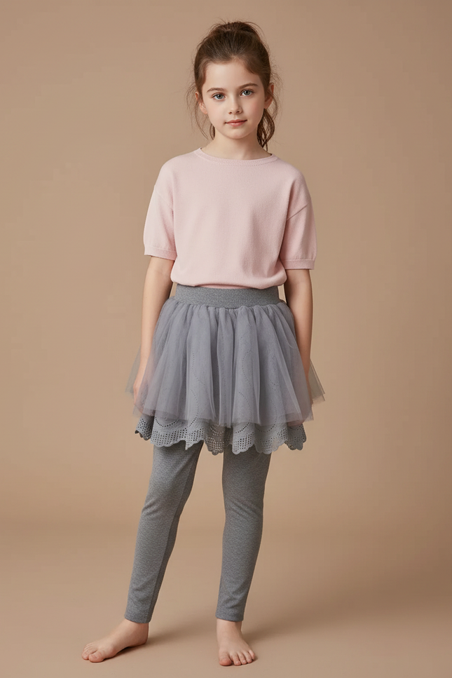 Pantalon Jupe Gris Tulle Superposé Confortable Enfant - Maille
