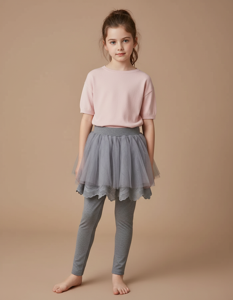 Pantalon Jupe Gris Tulle Superposé Confortable Enfant - Maille
