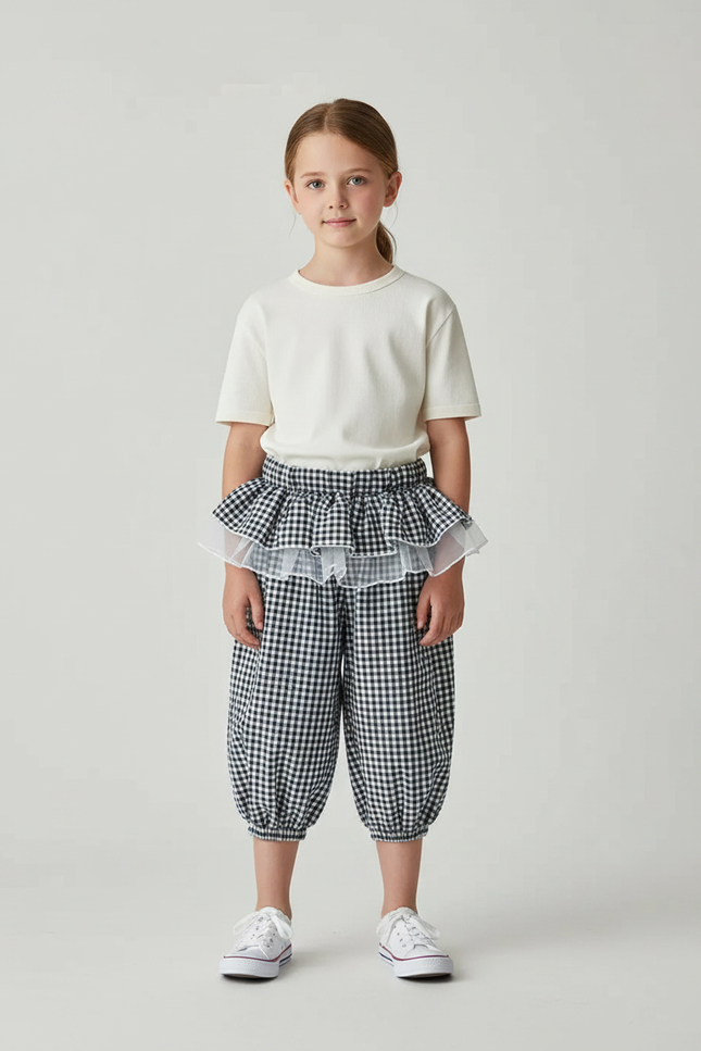Pantalon Jupe Vichy Volants Tulle Enfant Fille - Imprimé Coton