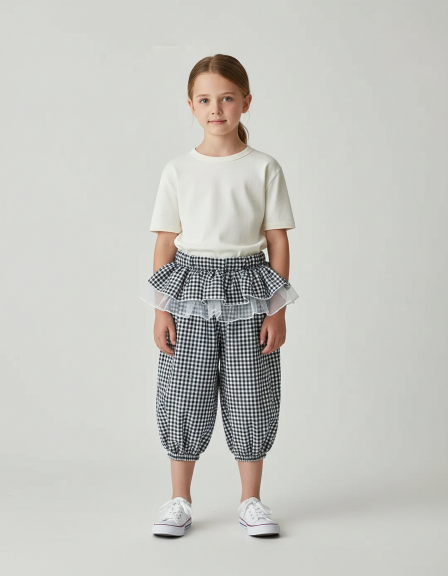 Pantalon Jupe Vichy Volants Tulle Enfant Fille - Imprimé Coton