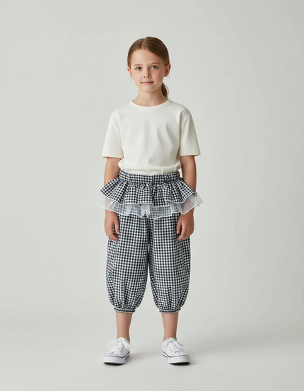 Pantalon Jupe Vichy Volants Tulle Enfant Fille - Imprimé Coton