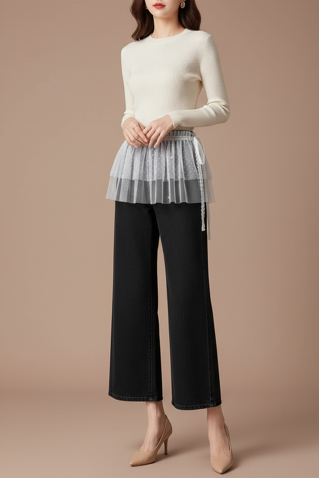 Pantalon Jupe Noir Tulle Blanc Superposé Élégant - Jean