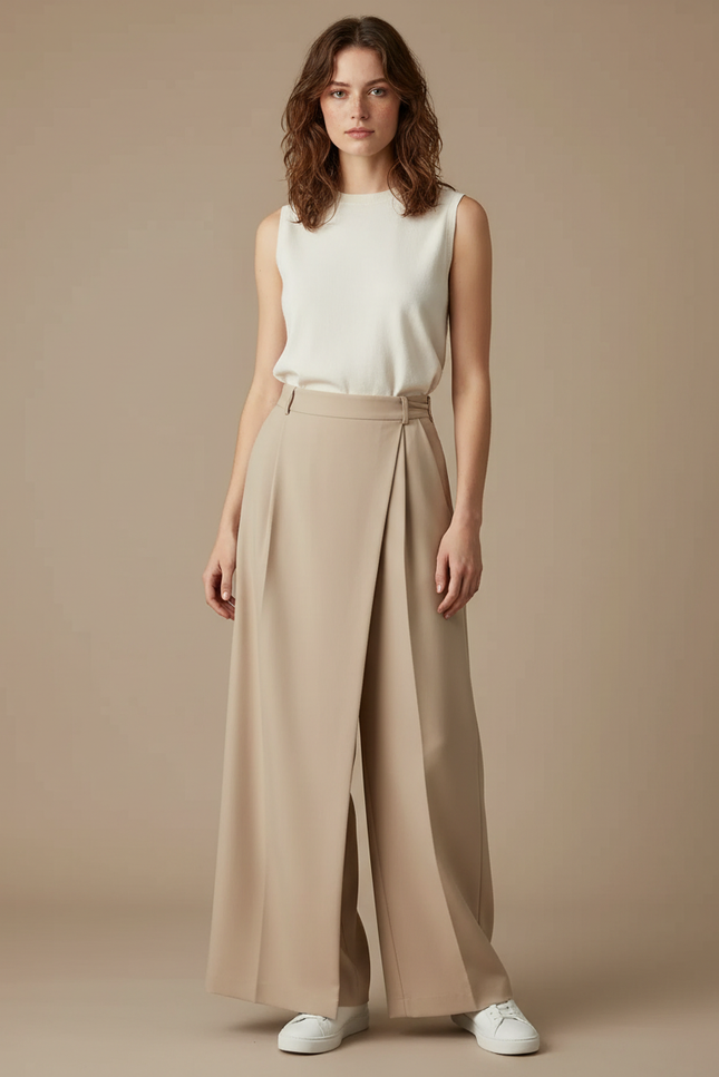 Pantalon Jupe Beige Plissé Ample Fluide Élégant - Polyester