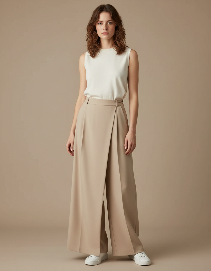 Pantalon Jupe Beige Plissé Ample Fluide Élégant - Polyester