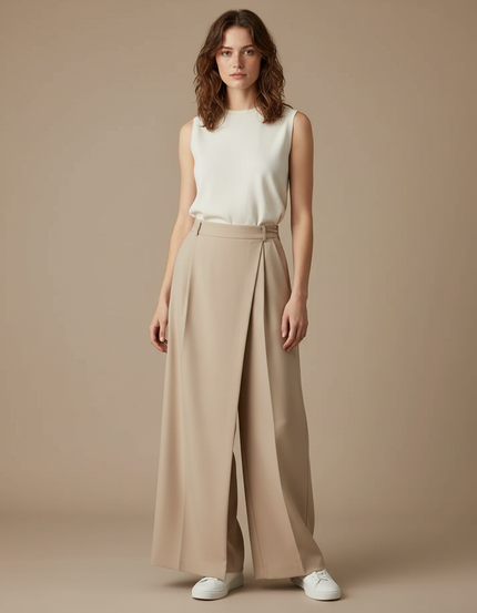 Pantalon Jupe Beige Plissé Ample Fluide Élégant - Polyester