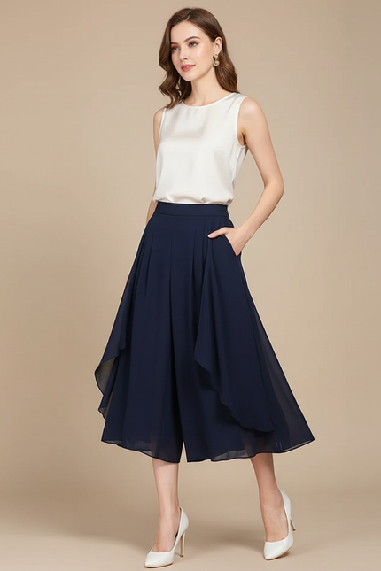 Pantalon Jupe Bleu Marine Fluide Asymétrique Élégant - Polyester