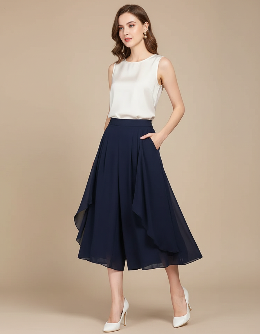 Pantalon Jupe Bleu Marine Fluide Asymétrique Élégant - Polyester