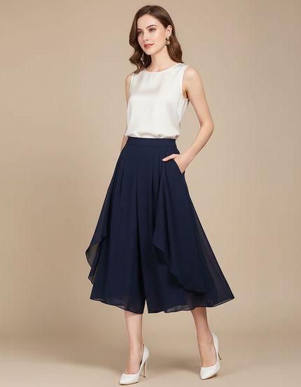 Pantalon Jupe Bleu Marine Fluide Asymétrique Élégant - Polyester