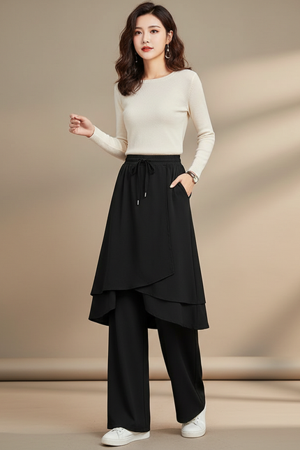 Pantalon Jupe Noir Fluide Superposé Ample Élégant - Polyester