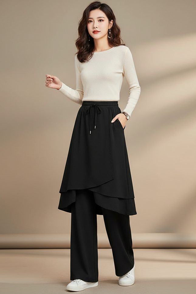 Pantalon Jupe Noir Fluide Superposé Ample Élégant - Polyester