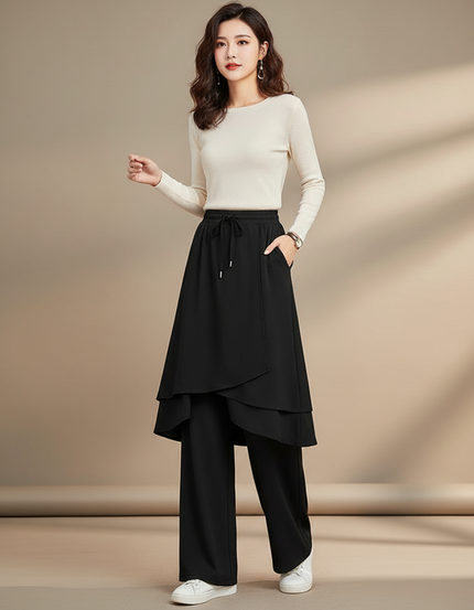 Pantalon Jupe Noir Fluide Superposé Ample Élégant - Polyester