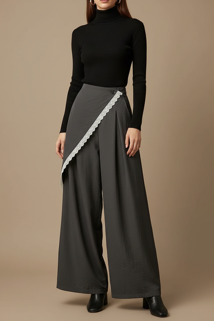 Pantalon Jupe Gris Ample Dentelle Superposé Fluide Élégant - Viscose