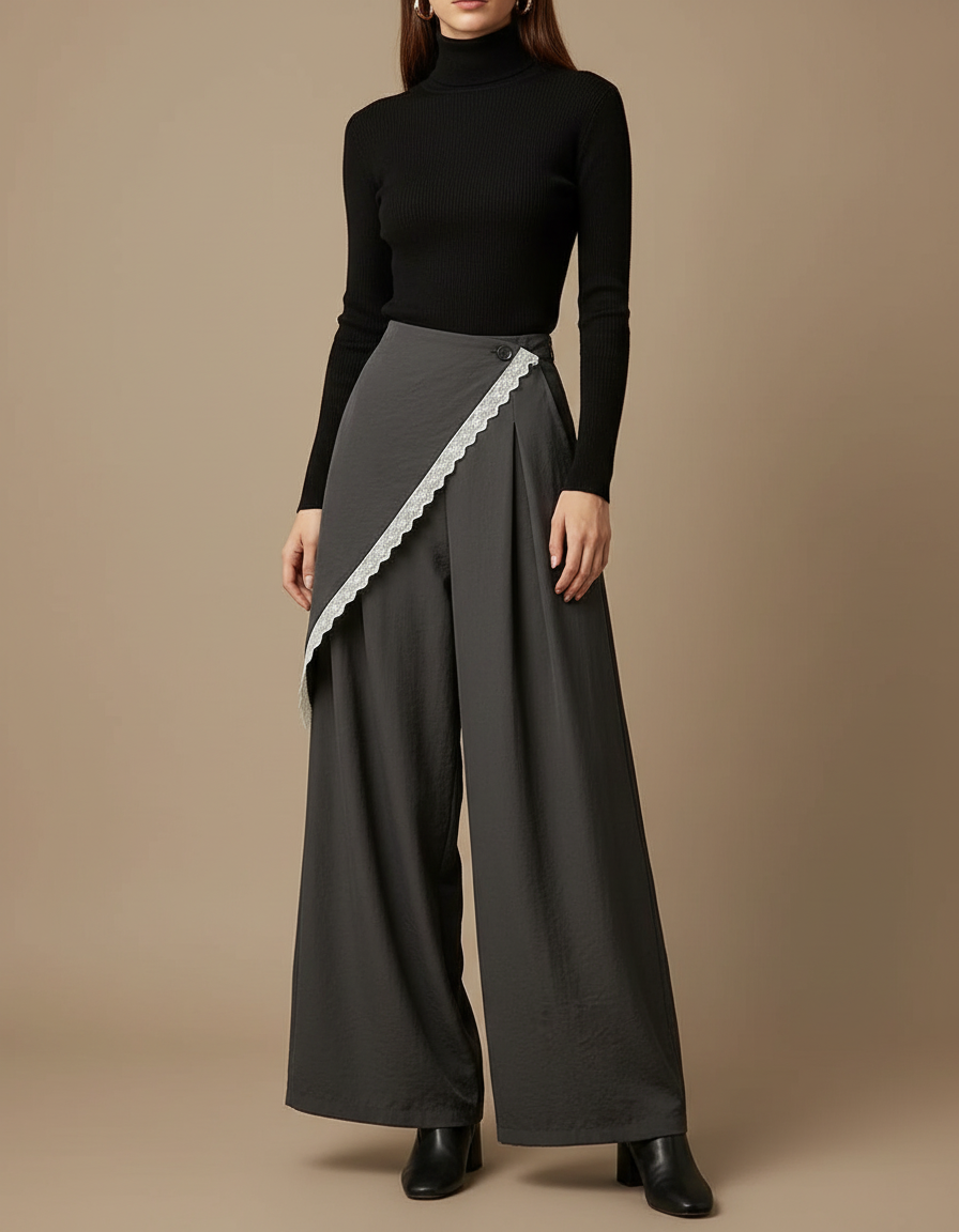 Pantalon Jupe Gris Ample Dentelle Superposé Fluide Élégant - Viscose