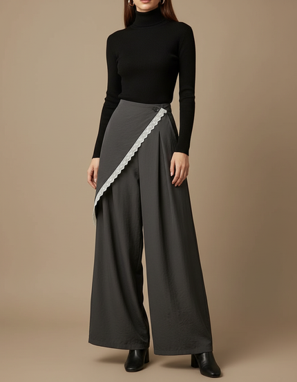 Pantalon Jupe Gris Ample Dentelle Superposé Fluide Élégant - Viscose