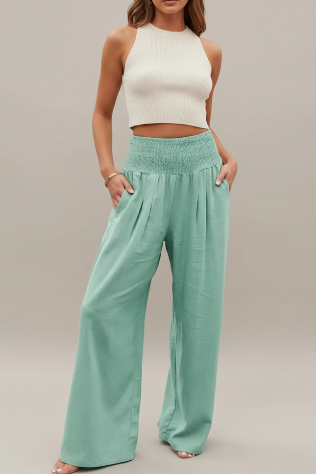Pantalon Jupe Vert Menthe Ample Fluide Smocké Décontracté - Viscose