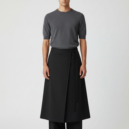 Pantalon Jupe Noir Ample Ceinturé Élégant Unisexe - Polyester
