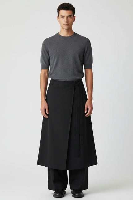 Pantalon Jupe Noir Ample Ceinturé Élégant Unisexe - Polyester