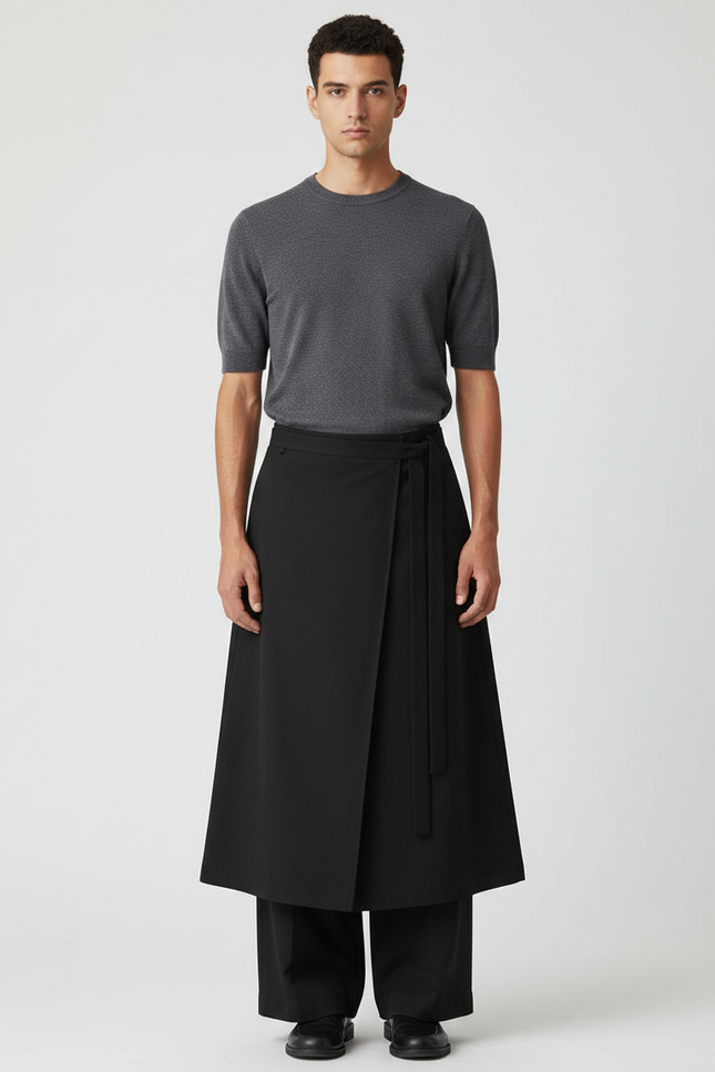 Pantalon Jupe Noir Ample Ceinturé Élégant Unisexe - Polyester