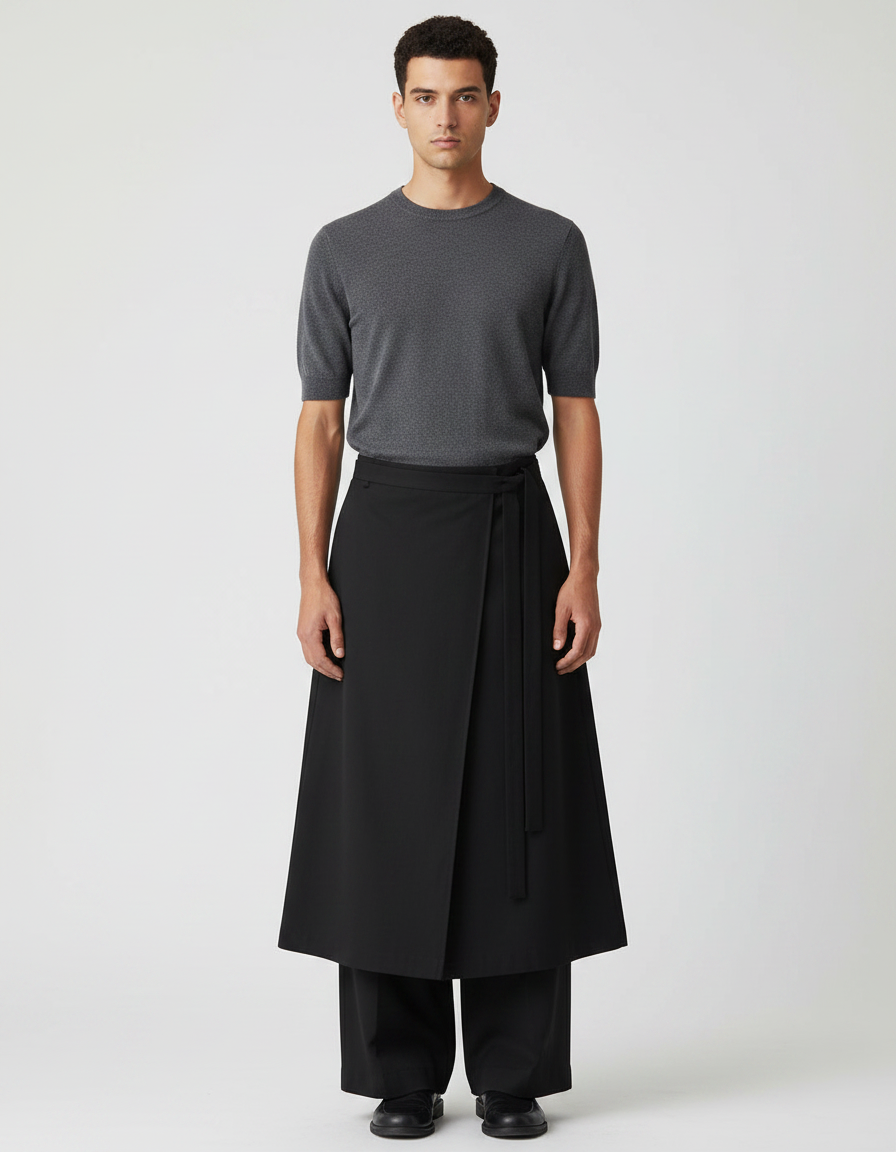 Pantalon Jupe Noir Ample Ceinturé Élégant Unisexe - Polyester
