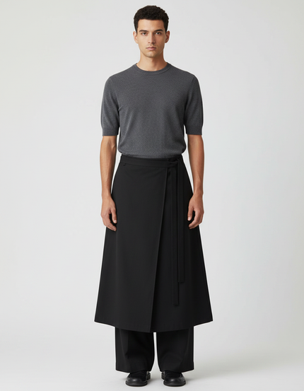 Pantalon Jupe Noir Ample Ceinturé Élégant Unisexe - Polyester