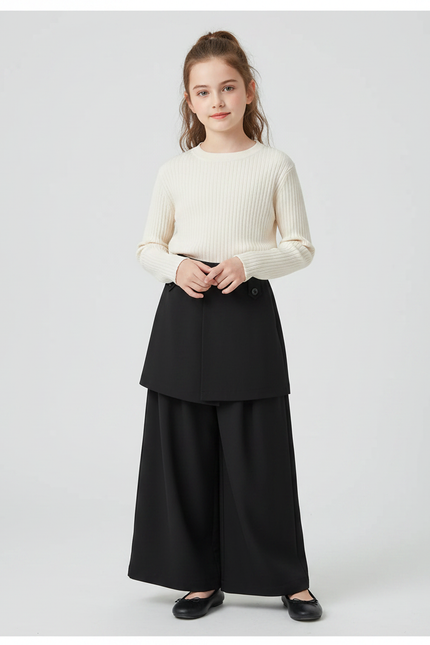 Pantalon Jupe Noir Ample Superposé Élégant Fille - Polyester