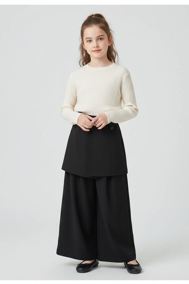 Pantalon Jupe Noir Ample Superposé Élégant Fille - Polyester