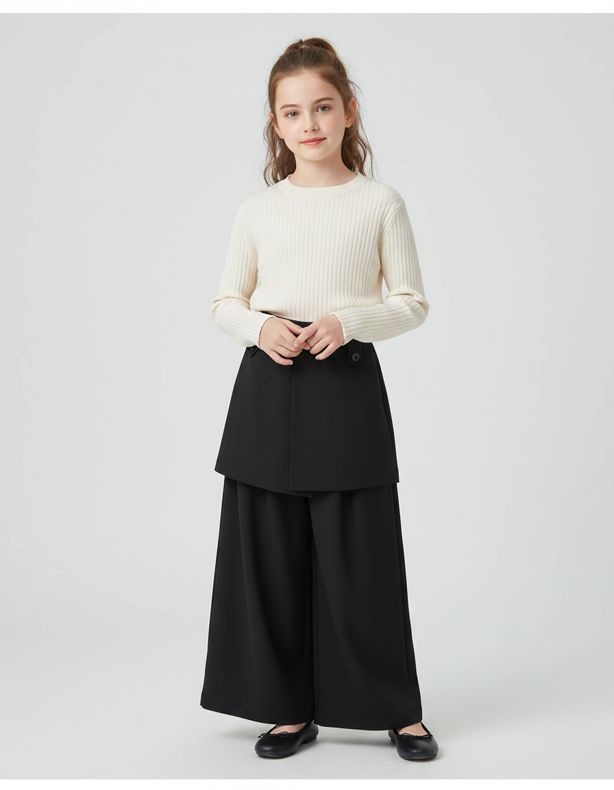 Pantalon Jupe Noir Ample Superposé Élégant Fille - Polyester