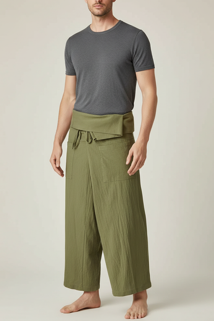 Pantalon Jupe Vert Olive Coton Ample Décontracté Homme - Kaki