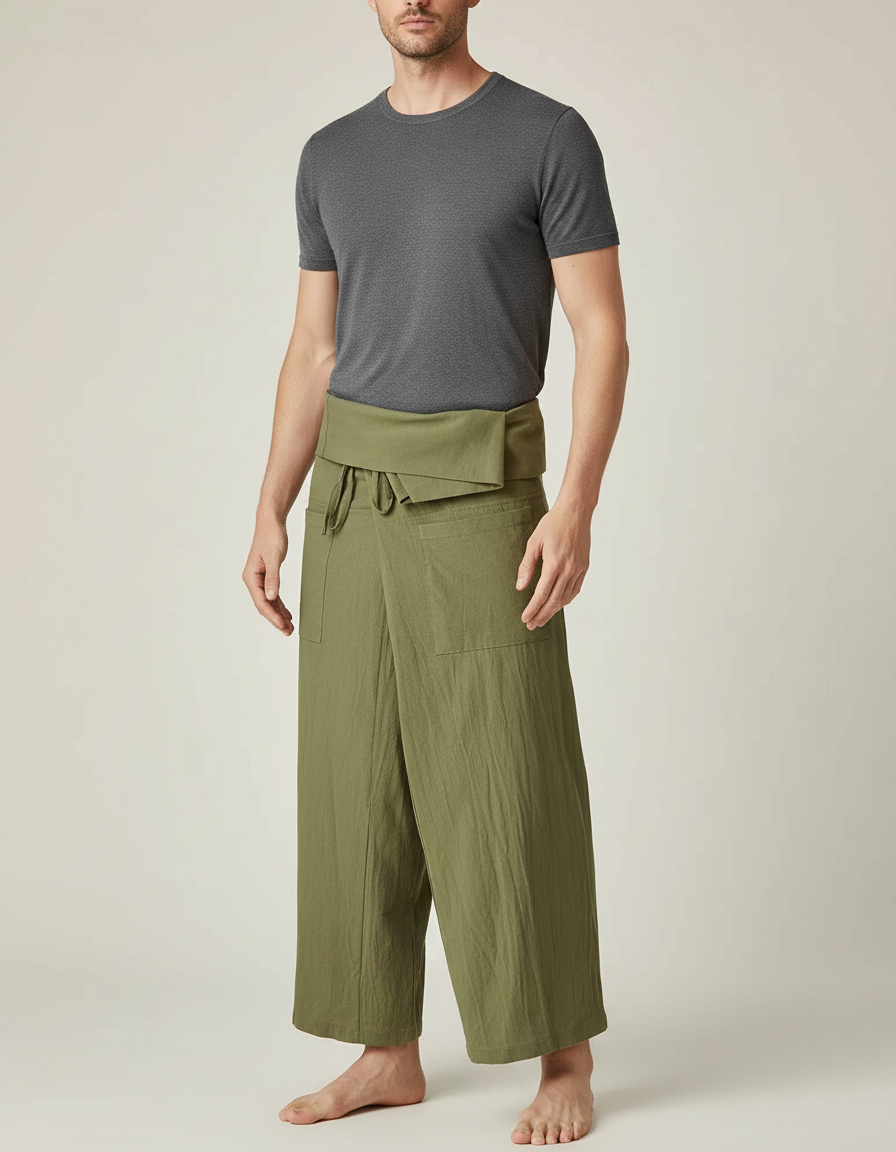 Pantalon Jupe Vert Olive Coton Ample Décontracté Homme - Kaki