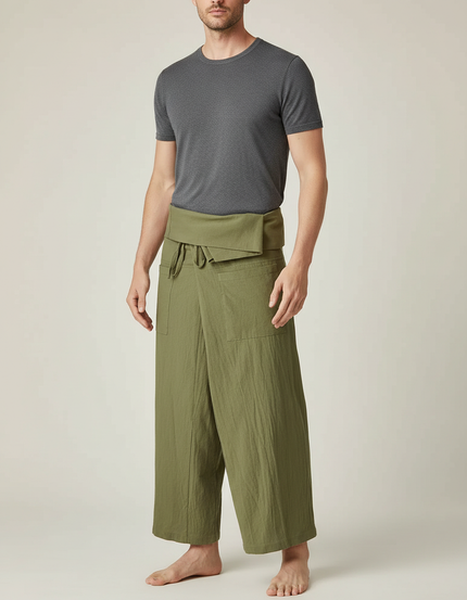 Pantalon Jupe Vert Olive Coton Ample Décontracté Homme - Kaki