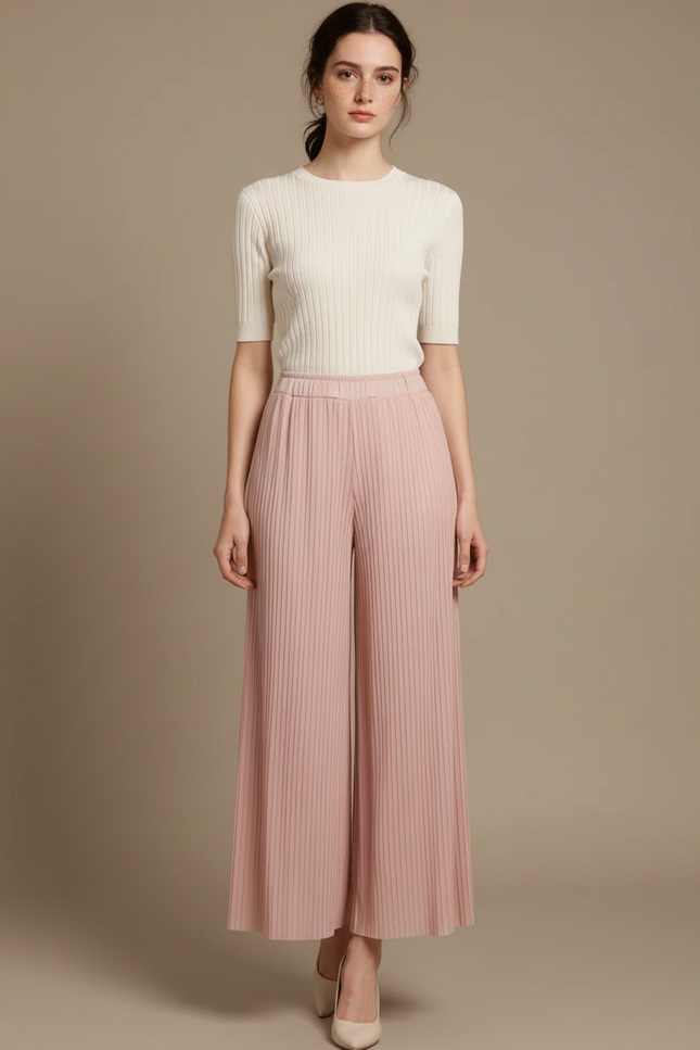 Pantalon Jupe Plissé Rose Poudre Fluide Élégant - Polyester